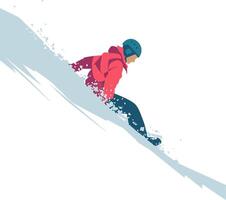 Illustration of a Snowboarder Descending a Slope in a Red Jacket and Blue Helmet vector