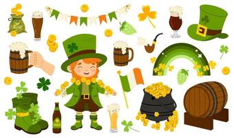 St. Patrick Day set. Glasses of beer, cone hat, cauldron with gold, clover, flags, boots, gold coins. Leprechaun mythical character. Flat illustration isolated on white background. vector