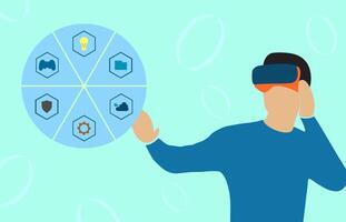 A person wearing a VR headset interacts with a circular interface containing six sections represented by icons, gaming, innovation, folder, gear, cloud, and shield vector