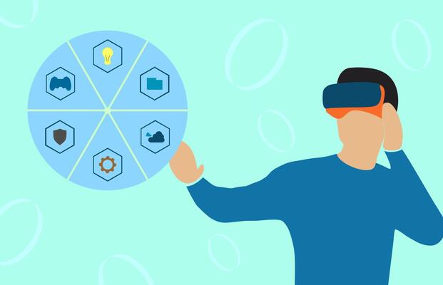 A person wearing a VR headset interacts with a circular interface containing six sections represented by icons, gaming, innovation, folder, gear, cloud, and shield