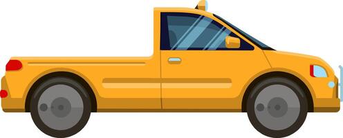 Modern yellow pickup truck showing left side view with two doors and empty trunk is parked on white background, representing transportation, delivery, and urban logistics vector