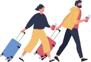 Tourists hurrying through the airport terminal, pulling wheeled suitcases and holding passports, eagerly preparing to board their flight for an exciting journey ahead vector