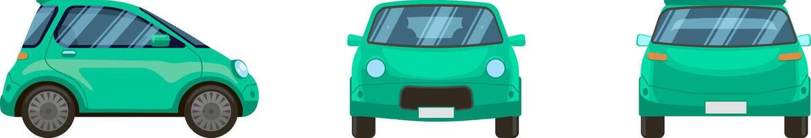 Three views of a green compact car, showcasing its front, side, and rear perspectives, provide a comprehensive visual representation of the vehicle's design and features vector