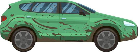 Side view of a green SUV covered in mud, showcasing the aftermath of an adventurous off road trip and highlighting the need for a thorough car wash and cleaning vector