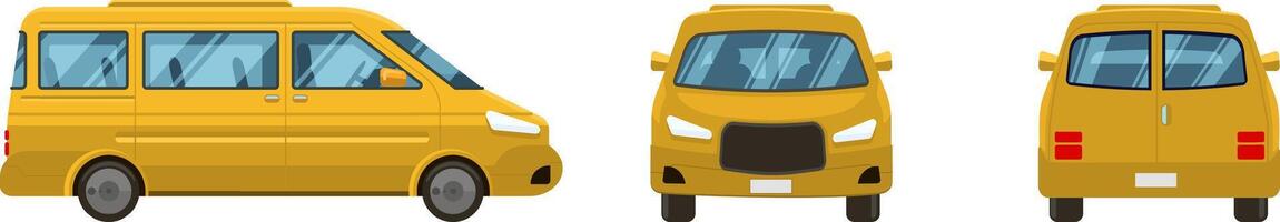 Three illustrations presenting a yellow minivan from its front, side and rear view, showcasing its design and features for transportation purposes vector