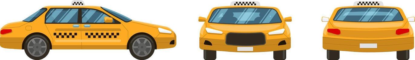 Featuring three illustrations displaying the front, side, and rear views of a yellow taxi cab, all isolated against a clean white background for a modern urban feel vector