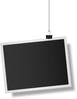 Realistic empty photo frame hanging on a string with a binder clip, isolated against a clean white background, perfect for inserting images or designs in various creative projects vector