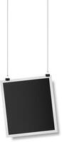 Realistic empty photo frame hanging on strings with binder clips against a white background, serving as a vintage mockup for retro snapshots and scrapbook designs vector