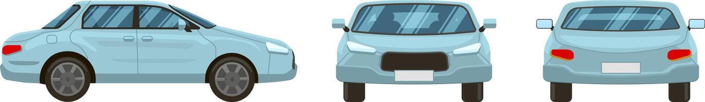 Featuring three illustrations showcasing front, rear, and side views of a generic light blue car, all isolated against a clean white background vector