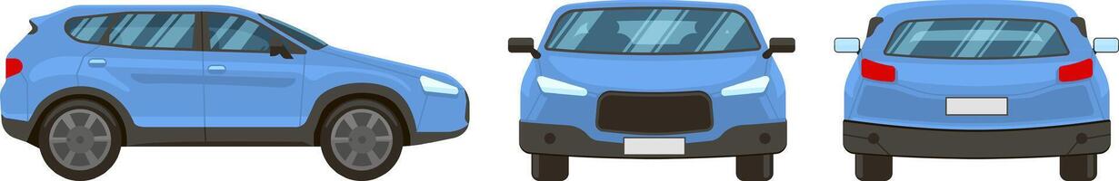 Featuring three illustrations of a light blue generic SUV, presenting front, rear, and side views, all isolated against a clean white background for clarity and focus vector