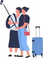 Two female tourists are taking a selfie with selfie stick while waiting for boarding at airport terminal, trolley suitcase is standing next to them vector