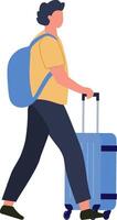 Young male tourist walking with a backpack and pulling a wheeled suitcase, going to boarding gate at the airport, side view, flat illustration isolated on white background vector
