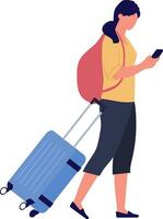 Tourist walking through the airport terminal, pulling a suitcase and carrying a backpack while checking her smartphone for flight information on the way to the boarding gate vector