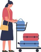 Tourist woman pushing a luggage trolley filled with suitcases and a backpack at the airport terminal, getting ready for departure or arrival while navigating through the bustling space vector
