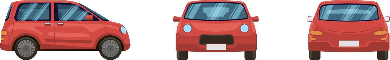 Generic red compact car presented in three different views, front, side and rear, useful for various projects related to transportation and automotive industry vector