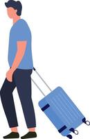 Tourist or businessman is pulling rolling suitcase at airport terminal, traveling for business or leisure, minimalist flat design illustration isolated on white background vector
