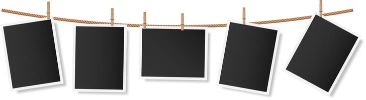 Five blank photographs or snapshots, softly shadowed, hang on a clothesline secured with wooden clothespins, creating a nostalgic display perfect for capturing cherished memories vector