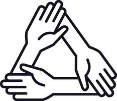 Three hands are holding each other forming a triangle, symbolizing teamwork, collaboration, and unity in a simple, minimalist line art style vector