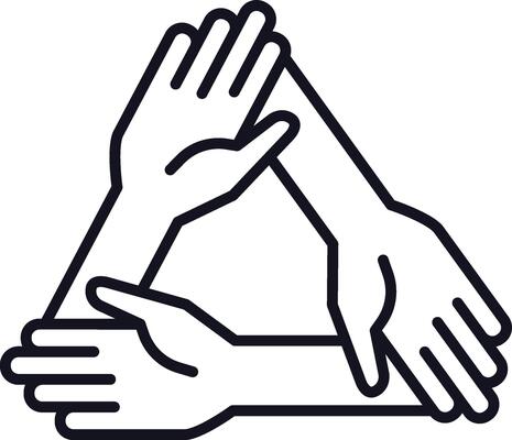 Three hands are holding each other forming a triangle, symbolizing teamwork, collaboration, and unity in a simple, minimalist line art style