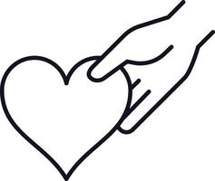 Line art icon depicting a hand gently cradling a heart, representing themes of love, kindness, and care within relationships, evoking feelings of compassion and connection vector