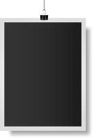 Realistic illustration of a blank hanging photo frame with binder clip mockup, dark empty photography template on white background, retro photo memories isolated vector