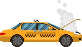 Yellow taxi cab with open hood emitting smoke, experiencing engine trouble and requiring roadside assistance, illustrating transportation problems and vehicle malfunction vector