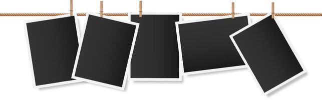 Five blank instant photographs are hanging on a clothesline held by wooden clothespins, creating a nostalgic display of memories yet to be made vector