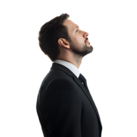 Stylish Man in Suit and Tie with an Upward Glance png