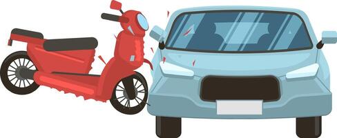Road accident involving a red scooter crashing into the side of a light blue car, causing damage to both vehicles, depicted in a front view vector