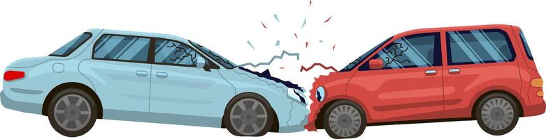 Red car and a light blue car are involved in a serious collision, resulting in broken windshields and significant damage to both vehicles, indicating a dangerous accident on the road vector