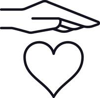 Line art illustration featuring a hand cradling a heart, representing love, care, and emotional support in relationships, highlighting kindness and connection vector