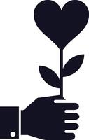 Hand holding a stylized heart shaped flower with two leaves, representing love, care, affection, and romantic relationships, in a minimalist black and white graphic style vector