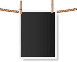 Blank instant photo featuring a white frame, hanging on a clothesline with clothespins, isolated against a white background, casting a soft shadow for a clean, minimal look vector