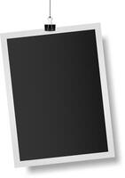 Realistic illustration of a blank hanging photo frame with binder clip mockup, isolated on white background, ideal for showcasing your designs or images vector