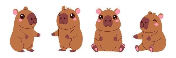 Four cute brown capybaras with big eyes and smiling faces. They are all sitting or standing in different positions vector