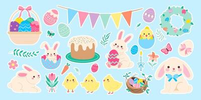 A collection of Easter-themed stickers featuring rabbits, chicks, and eggs. The stickers are colorful and playful, with a cheerful and festive mood vector