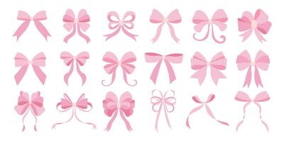 A collection of pink bows in various sizes and shapes. The bows are arranged in a row, with some overlapping each other. Scene is playful and whimsical, as the bows are all pink vector