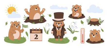 A collection of groundhogs with a calendar and a thermometer. The calendar is on February 2 groundhogs day vector