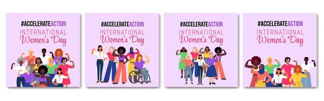 A set of four posters for Women's Day. The posters feature a group of people of different races and genders, all standing together and smiling. The posters are designed to promote the idea of unity vector