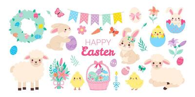 A colorful Easter scene with a bunny holding an Easter egg, a basket of eggs, and a basket of flowers vector