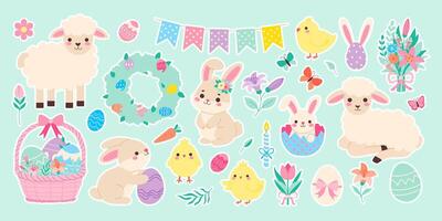 A collection of Easter themed stickers featuring animals and flowers. The stickers include a bunny, a chicken, a sheep, and a butterfly vector