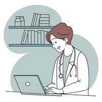 a doctor is working on a laptop computer vector
