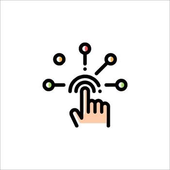 A hand touching a button with icons around it vector
