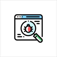 A computer screen with a magnifying glass and a bug vector