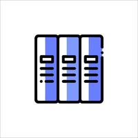 A blue and white icon of three books stacked on top of each other vector