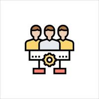 A group of people sitting at a table with a gear vector