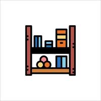 A shelf with books and other items on it vector