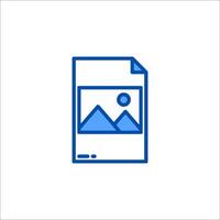 A blue line icon of a file with a mountain in the background vector