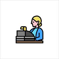 A woman is sitting at a desk with a computer vector