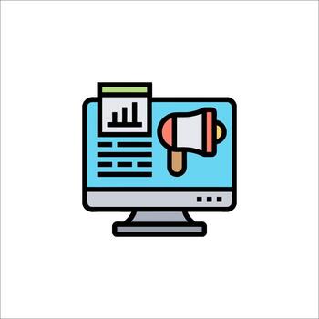 A computer monitor with a megaphone and a graph vector
